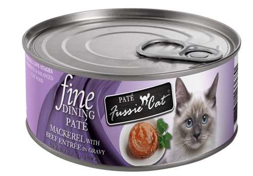 Fussie Cat Fine Dining - Pate - Mackerel with Beef Entree in Gravy Canned Cat Food (2.82 oz (80g) Can)